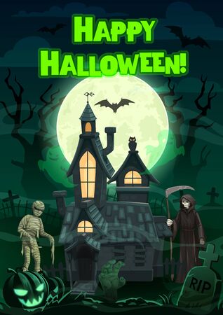 Halloween haunted house with pumpkins, ghosts, bats and graveyard monsters vector design. Horror night moon, owl and zombie hand, mummy, death skeleton and creepy trees, spooky castle and tombstonesのイラスト素材