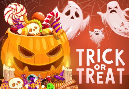 Halloween ghosts and pumpkin with trick or treat candies vector party invitation. Zombie lantern with candles and spider net, chocolate candies, sweets in shape of witch hat, skeleton skull and batのイラスト素材
