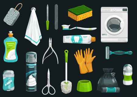 Hygiene product vector icons. Toothpaste, toothbrush and deodorant, towel, shaving foam and shaver, gloves, toilet brush and sponge, dishwashing liquid, garbage bag, washing machine and manicure itemsのイラスト素材