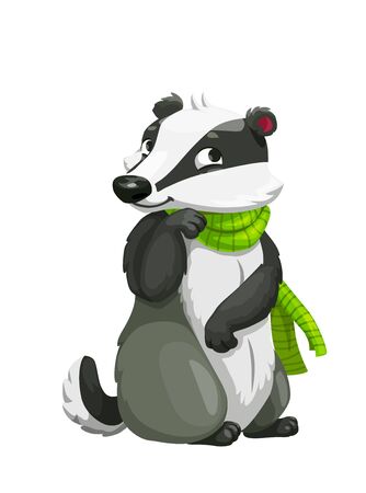 Badger cartoon forest animal with green scarf vector design. Woodland carnivore character with white and black fur, zoo or woodland wildlife cute mascotのイラスト素材