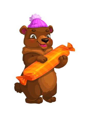 Cute bear animal cartoon character carrying big candy or present in festive package. Vector brown grizzly in winter hat with holiday gift, children postcard, festive mascot or greeting card designのイラスト素材