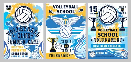 Volleyball sport game championship cup vector posters with player balls, winner trophies and whistles, court net, wings and crown. Sporting competition match, sport school and club designのイラスト素材