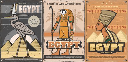 Ancient Egypt, Egyptian travel landmark and tourism vector design. Horus god, Nefertiti queen and bennu or phoenix bird, Giza pyramids, Ankh symbol and eye of Horus hieroglyphs, sacred bull and palmのイラスト素材