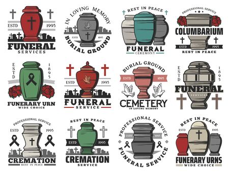 Funeral service icons with vector urns of cremation ceremony. Burial and interment religious rituals, cemetery, cross tombstones and grave, memorial flower wreath, dove birds and black ribbonsのイラスト素材