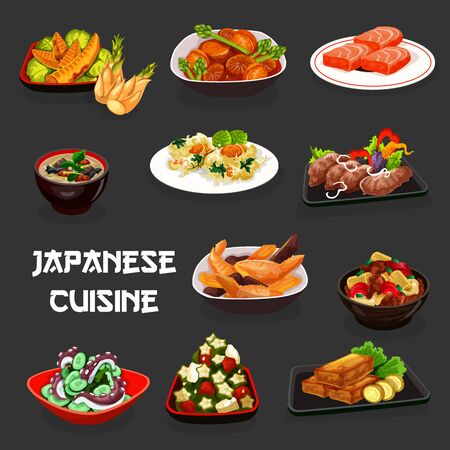 Japanese cuisine meal vector design of Asian dishes. Seafood salads with octopus, tuna, okra and cucumber, fish soup, deep fried marlin and shrimp, radish pork, potato and chicken bamboo stewsのイラスト素材