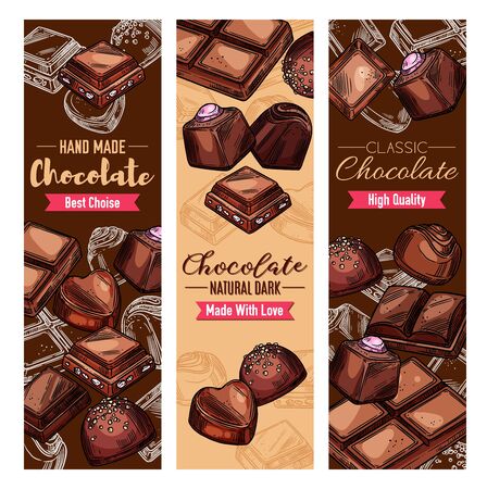 Chocolate candies, handmade desserts. Vector confectionery, cocoa sweets of dark chocolate with nuts and caramel. Choco treats, natural black chocolate of heart and square shape, comfit snacksのイラスト素材