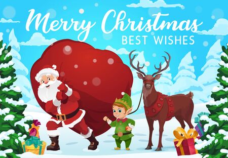 Santa Claus, reindeer and elf delivering Christmas gifts and presents, vector design. Santa carrying red bag with present boxes through snowy winter forest trees. Winter holidays greeting cardのイラスト素材