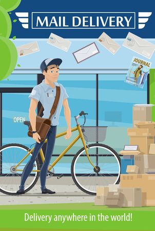 Post office and postman with letters and parcels vector design of mail delivery and postal service. Courier with bag and bicycle, packages, envelopes and boxes, postage stamps, seals and journalsのイラスト素材