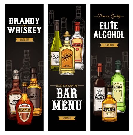 Drinks menu vector design of bar or restaurant. Bottles of alcohol beverages, wine, vodka and whiskey, gin, cognac and tequila, brandy, martini and liquor, absinthe, bourbon and scotch sketchesのイラスト素材