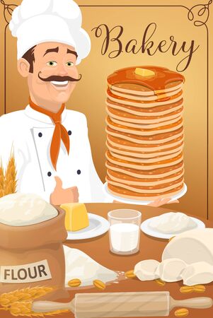 Pancakes of bakery or pastry shop, dessert food design. Baker in chef hat with stack of thin cakes or crepes, maple syrup and honey, butter, flour bag and dough, cereal ears, grains and rolling pinのイラスト素材