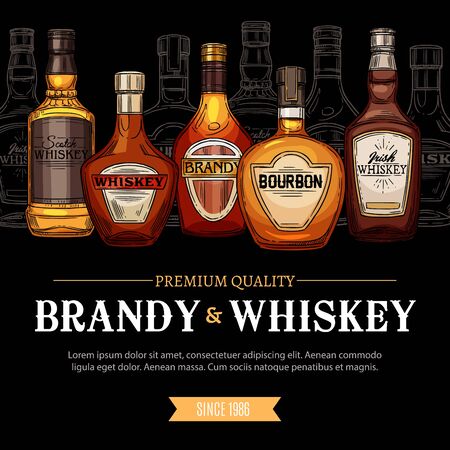 Brandy and whiskey elite alcohol drinks. Vector Irish and Bourbon whiskey sketches and glass bottles high spirit drinks, party beverages. Vodka and cognac, scotch and gin, brandy and rum retro spiritsのイラスト素材