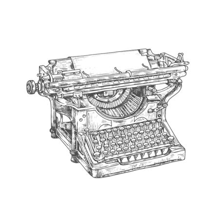 Typewriter sketch of vintage writing machine. Vector mechanical desktop typewriter with paper sheet and old keyboard. Retro design of author, journalist or secretary equipmentのイラスト素材