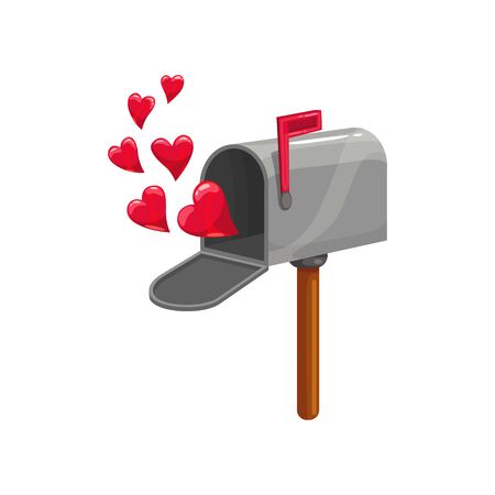 Open mailbox with hearts and red flag isolated. Vector post box, Valentines day letterboxのイラスト素材