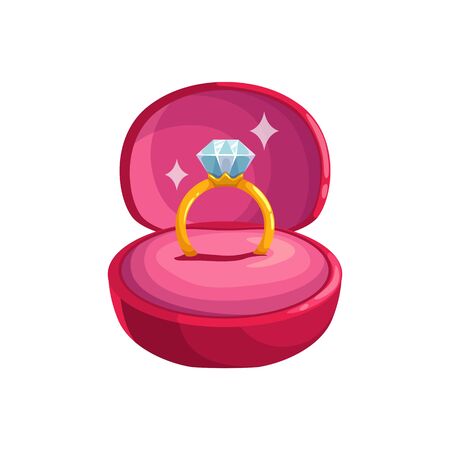 Engagement ring with big diamond gem in velvet box isolated. Vector Valentines day giftのイラスト素材