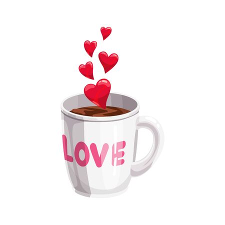 Cup of tea or coffee with hearts isolated. Vector hot drink with love inscriptionのイラスト素材