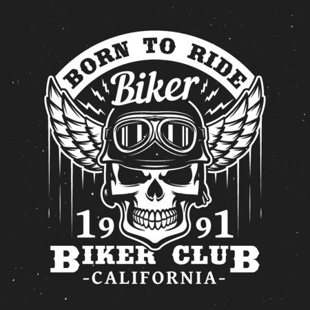 Biker club t-shirt label, skull in motorcyclist glasses and wing helmet. Vector California biker club label, rocker bikers born to ride quote, t-shirt or tattooのイラスト素材