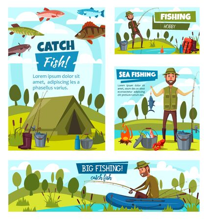 Sea fishing and big fish catch, fisher tackles, lures and equipment. Vector fisherman in rubber boat at river or lake with rod, fisherman camping tent and baits. Crab, pike and perchのイラスト素材