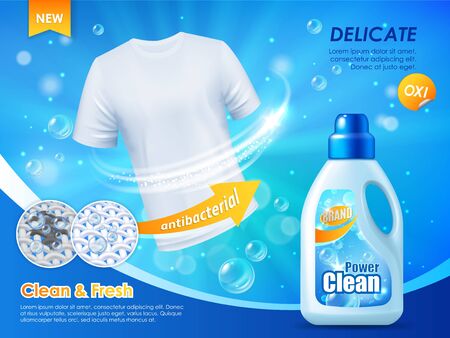 Laundry detergent bottle with handle 3d mockup of liquid washing powder vector design. Stain remover or cleaner plastic container realistic template with clean white t-shirt and oxygen bubblesのイラスト素材