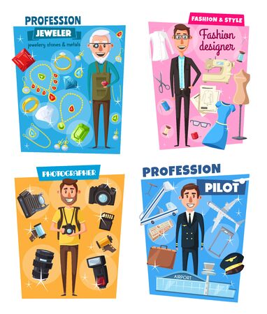Pilot or flight attendant and jeweler, photographer and fashion designer, tailor professions. Vector people occupation in travel and civil aviation, jewelry and journalist or tailoring and dressmakingのイラスト素材