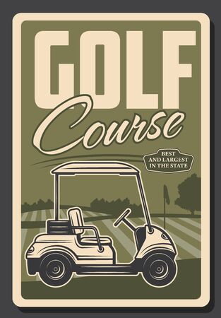 Golf club, professional game and sport tee course vintage retro poster. Vector premium state golf club training and victory cup championship, golf cart on putterのイラスト素材