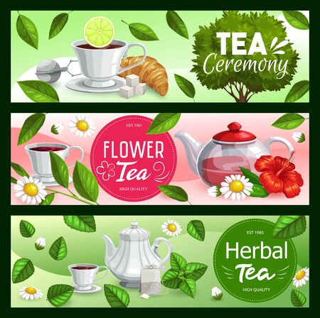 Tea leaves with cups and teapots of black, green and herbal beverage vector banners. Tea bags, mugs and sugar, croissant, mint and lemon, hibiscus and chamomile, infuser mesh spoon and sproutsのイラスト素材