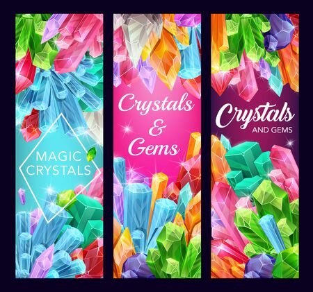 Magic crystals vector design of gem stones and mineral rocks. Gemstone and jewel banners with quartz, amethyst and diamond, precious blue sapphire, yellow citrine and pink opal, emerald and glassのイラスト素材