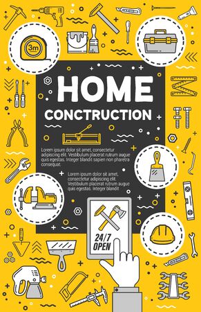 Home construction service. Vector diy tools, thin line carpentry symbols. Measure tape and hammer, helmet and spatula, diy items and woodwork plane grinder and screwdriverのイラスト素材