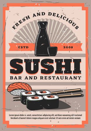 Sushi retro bar and restaurant, chopsticks and bottle with soy sauce and salmon on steamed rice, rolls. Vector Japanese and Chinese cuisine food, oriental fan and seafood products. Sushi shop emblemのイラスト素材