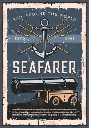 Seafarer artillery, marine cannon, retro anchor and crossed tridents. Vector sails around the world, nautical gun with bullets. Vintage navy, armed forces fleet, seafaring and shooting firearmsのイラスト素材