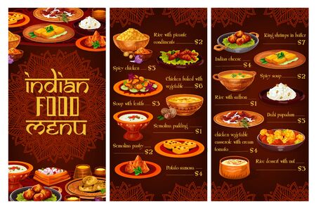 Indian restaurant vector menu with rice, meat, vegetable and seafood dishes. Spicy chicken, pilau and lentil soup, paneer cheese, potato samosa, battered shrimps and semolina puddingのイラスト素材