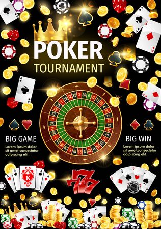 Poker game tournament of gambling sport vector design with 3d casino roulette wheel, dice, chips and playing cards, gold coins, lucky 777 of slot machine and crown, spades, hearts, diamonds and clubsのイラスト素材