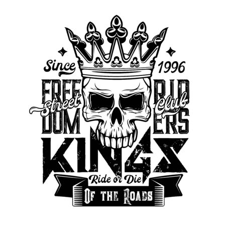 Skull t-shirt print, motorcycle club fashion vector design. Biker skeleton with royal crown, lettering and ribbon banner grunge badge, motorbike riders apparel or motorcyclist clothesのイラスト素材