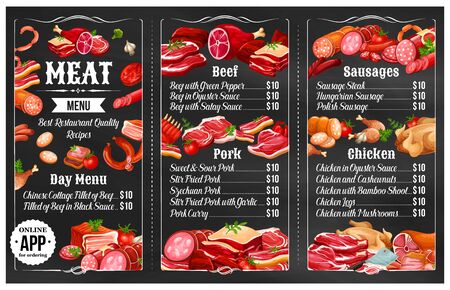 Meat restaurant menu vector template of grilled food. Bbq sausages, barbecue pork and beef steaks, ham, chicken legs and turkey, salami, bacon and lamb ribs, served with spice sauce. Steak house menuのイラスト素材