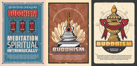 Buddhism religion vector temple stupa and sacred flower of lotus, buddhist symbols of Dharma wheel, Vase of treasure and Tibetan monk prayer wheels. Retro posters of oriental religious symbolismのイラスト素材