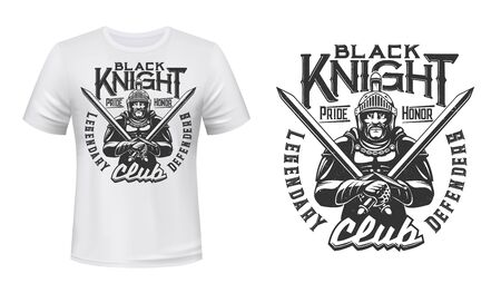 Medieval knight, legendary defenders club vector T-shirt print template mockup. Gladiator Black knight man in armor with crossed swords and battle helmetのイラスト素材