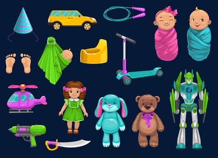 Toy vector icons of baby boy and girls. Car, robot and kids in blankets, doll, bear and bunny, child potty, footprints and ring sling, birthday hat, helicopter and jump rope, scooter and swordのイラスト素材