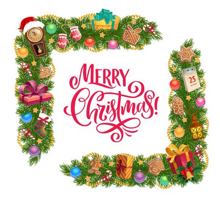 Christmas garland frame corners vector design with Xmas gifts and midnight clock. Presents, ribbon bows and stocking, bell, Santa hat and calendar, balls, candies and gingerbread cookiesのイラスト素材