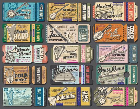 Music concert tickets, vector vintage templates, folk Oriental and classic orchestra music band performance. Jazz festival, european and asian live folk music acoustic and string instrumentsのイラスト素材