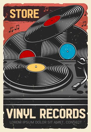 Vinyl records store, vector vintage retro poster, music instruments and DJ musical equipment store. Vinyl record LP disks, modern gramophone phonograph and music notesのイラスト素材
