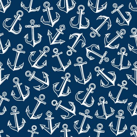 Ship anchor seamless pattern, marine adventure and sailor nautical symbols. Vector navy blue background of white anchors pattern, summer travel and yacht cruise journeyのイラスト素材