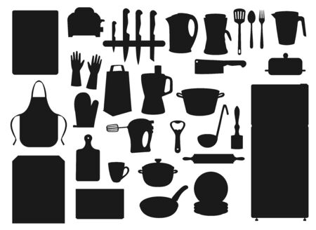 Kitchen appliances, household cooking utensils and kitchenware. Vector cutlery fork and knife, electric kettle, refrigerator and microwave oven, stove and saucepan, mixer blender and cutting boardのイラスト素材