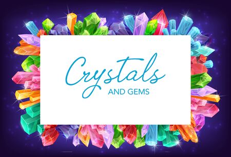 Crystals and gem stones vector frame of gemstones and mineral rocks borders. Diamond, quartz and amethyst precious jewels, glass, salt and brilliant, geology science and magic designのイラスト素材