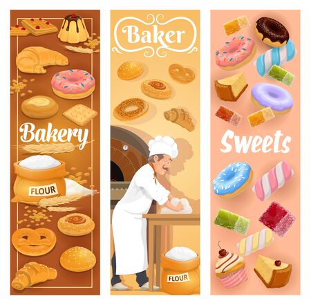 Bakery shop bread, baked desserts and pastry cookies. Vector baker man in chef hat at kitchen oven kneading dough and making patisserie cakes, croissants, wheat bagel buns and chocolate donut sweetsのイラスト素材