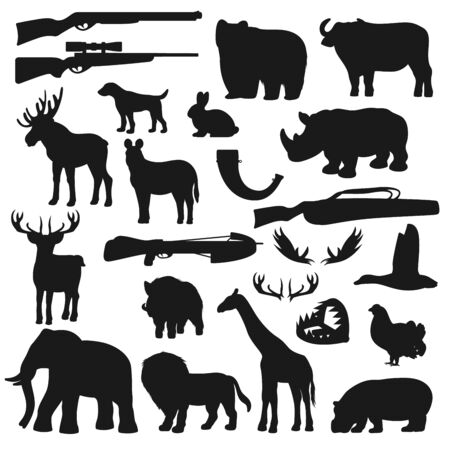 Hunter ammo equipment, hunt wild animals and birds silhouette icons. Vector hunting season deer, elk and beer, African safari hunt lion, giraffe and elephant, rhinoceros, duck and hunter rifle gunsのイラスト素材