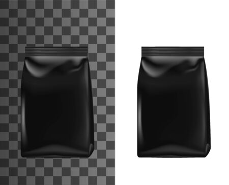 Black bag pack, foil or paper doypack template mockup, realistic 3d. Vector isolated blank doy pack, packaging sachet of chip snacks, detergent, candies or coffee and tea productsのイラスト素材