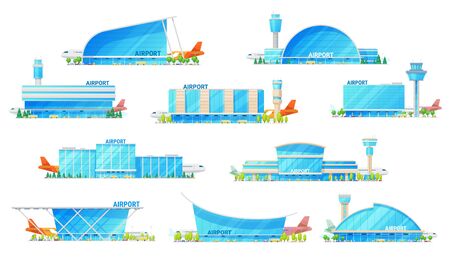 Airport building, modern architecture icons with airplane on runway and passenger terminal infrastructure. Vector isolated icons of city airport with public transport bus, metro and taxi carsのイラスト素材
