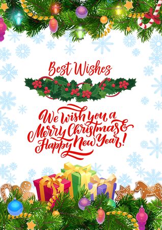 Merry Christmas and Happy New Year greetings and best wishes in Xmas tree ornaments. Vector Christmas holiday Santa present gifts, gingerbread cookies in holly, snowflakes and Xmas tree decorationsのイラスト素材