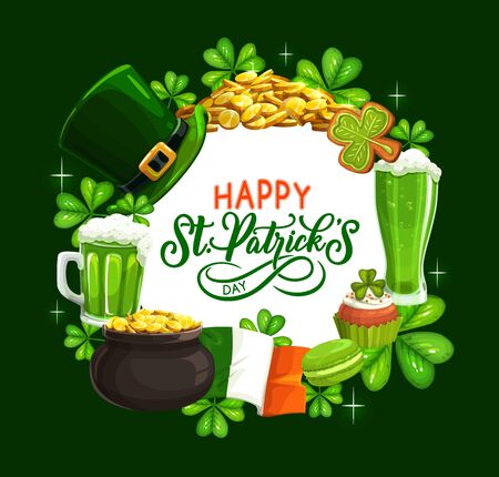 St. Patricks Day shamrock, leprechaun hat, gold and green beer vector design. Irish religious holiday greeting card with clover leaves, golden coins pot, Ireland flag and celtic elf treasure cauldronのイラスト素材