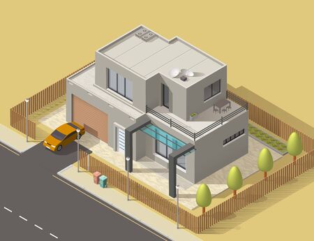 House 3d isometric design with building of town or village home. Vector icon of two storey villa or cottage exterior with green garden trees, lawn and car garage, street road, flat roof, modern facadeのイラスト素材