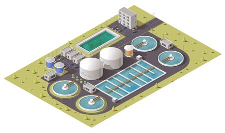 Wastewater or sewage treatment plant, water purification facilities and pumping station equipment isometric design. 3d vector icon of filtration tank, storage and cleaning reservoirs with pipesのイラスト素材